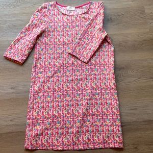 Pink mini dress w/ green, white, & yellow flecks